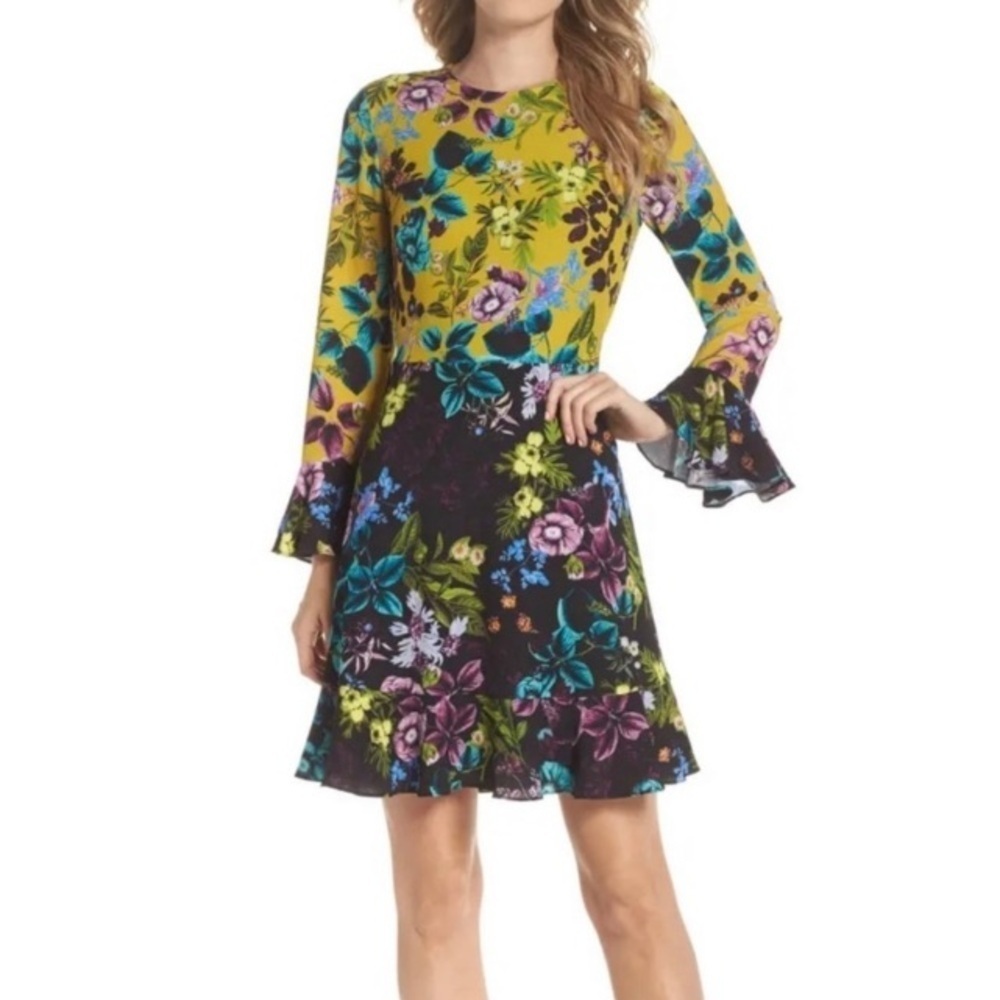 ELIZA J NWOT Floral Color Block MIDI Dress Long Bell Sleeves Sz 4 Dark Romantic